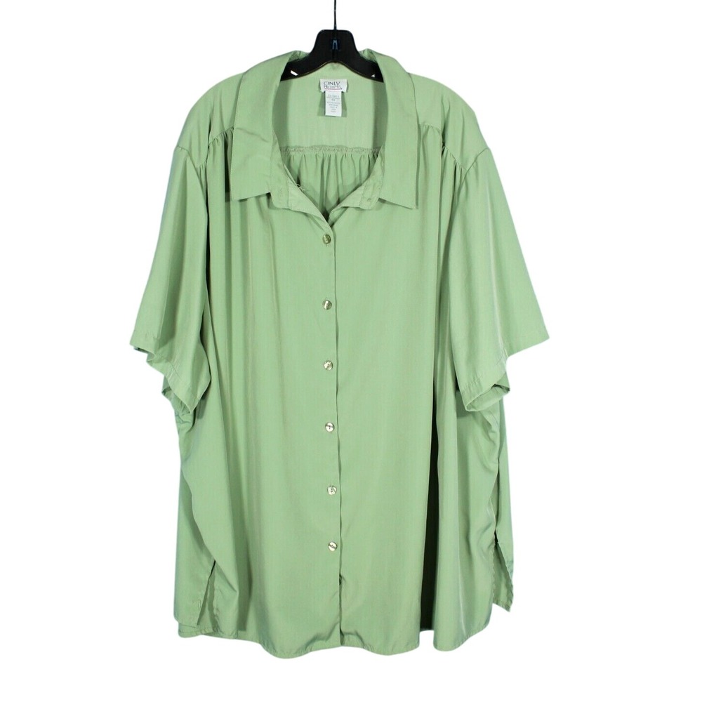 ONLY NECESSITIES WOMAN Silky SATIN Green PLEATED TRIM Button-Up SHIRT/TOP Sz 5X